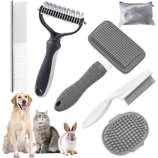 Dog Brush for Shedding,6 PCS in One Pet Slicker Hair Brush Kit Organizer Bag - Dog Cat Grooming Deshedding Undercoat Rake Brush Comb for All Small Large Dogs Cats Grey-PawvioPets