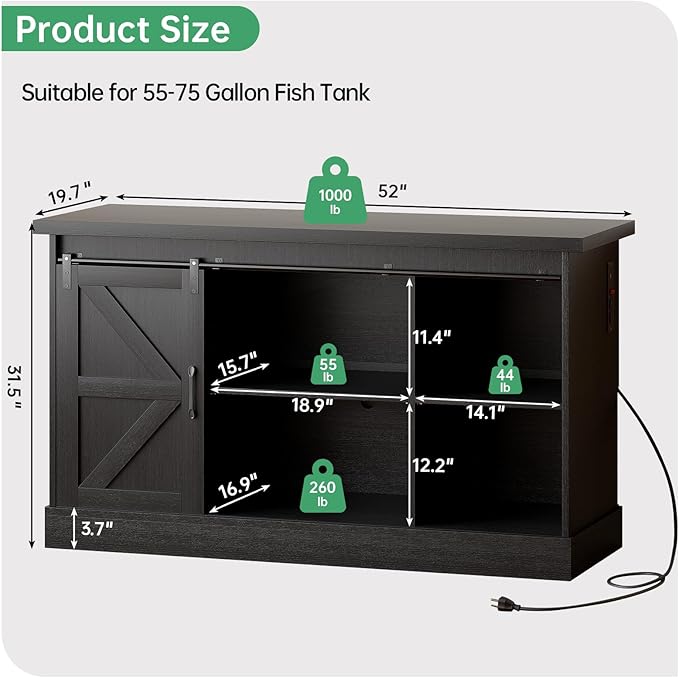 Fish Tank Stand Up to 75 Gallon, Aquarium Stand with Sliding Barn Doors & Power Outlet, Black Farmhouse Style Stand with Cabinet Storage for Fish Tank, Turtle Tank, Reptile Terrarium,1000LBS Capacity-PawvioPets