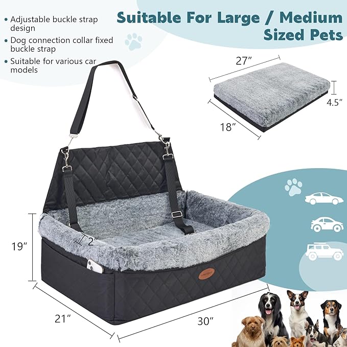 Dog Car Seat for Large/Medium Pet, Anti Slip Bottom Dogs Booster Seat for All Seasons,Pet Travel Bed with Thick Dog Sofa Cushion,2 Safety Leashes(Black)-PawvioPets