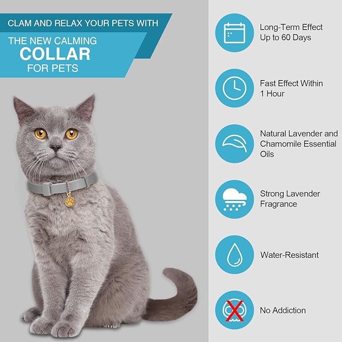 4 Pcs Cat Calming Collar Adjustable Lavender Scent Relaxing Cat Collar with 2 Pendant for Puppies Reduce Stress Aggression Anxious, up to 15 Inches(Grey, Silver)-PawvioPets