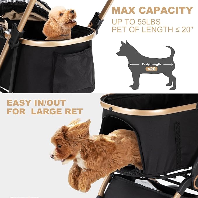 3 in 1 Pet Stroller with 4 Wheels, Foldable Pet Travel Carrier for Small/Medium Dogs Cats up to 50lbs, Detachble Portable Pet Bag, Storage Basket-PawvioPets