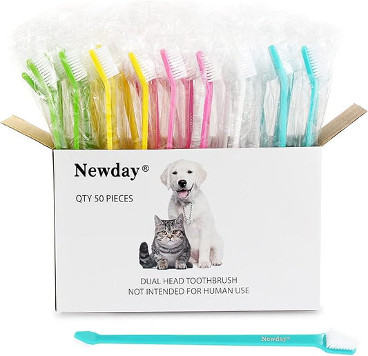 50 Pack Dual Ended Long Dog & Cat Toothbrush, Pet Safe Super Soft Bristles for Pet Dog Puppy Kitten Dental & Oral Care Teeth & Gums, Pet toothbrushes in Box, Bulk Individual polybag (Colorful)-PawvioPets