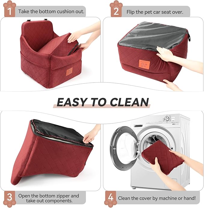 Dog Car Seat for Small/Medium Dogs, Dog Booster Car Seats with Thick Cushion for Dogs Under 35lbs, Detachable Washable Pet Car Seat with Storage Pockets, 2 Safety Belts(Red)-PawvioPets
