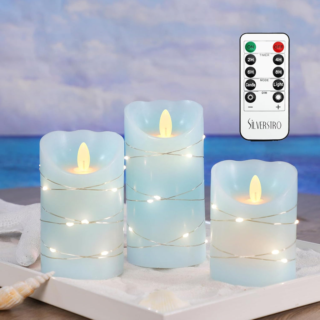 Silverstro Nautical Flameless Candles with String Lights Flickering Blue Battery Operated Candles with Remote Control & Timer - Home Farmhouse Holiday Ocean Decor - Set of 3