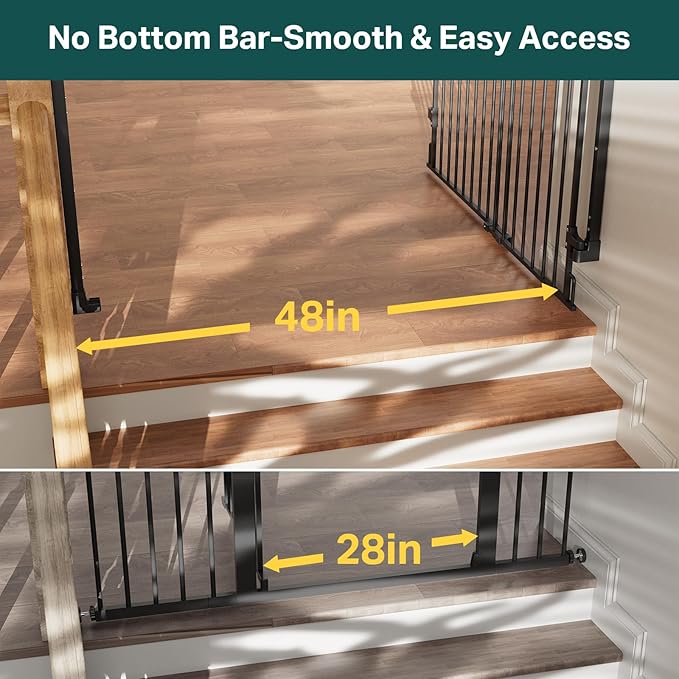 Cumbor 31.6-48" No Bottom Bar Baby Gate for Stairs, 2-in-1 Auto Close Dog Gate Indoor, Hardware Mounted Pet Gate for Doorways with Large Walk Thru Door, Child-Proof Safety Gate for Kids (Black)-PawvioPets