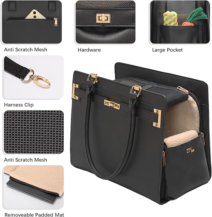 2-in-1 Stylish Dog Purse Carrier Soft-Sided Carriers Travel Tote Bag for Small Dogs Cats, Fashion Foldable Pet Bag for Puppies Small Animals with Pockets (Black, 15" L x 7.5" W x 12.2" H)-PawvioPets