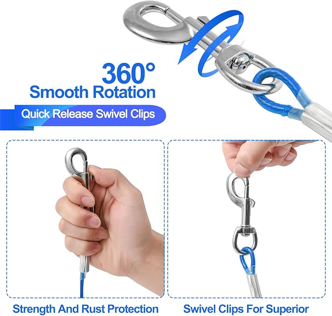 10FT Heavy Duty Dog Tie Out Cable for Large Dogs up to 125lbs, Durable Runner Tether Line (Blue)-PawvioPets