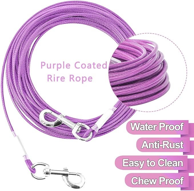10FT Heavy Duty Dog Tie Out Cable for Large Dogs up to 125lbs, Durable Runner Tether Line (Purple)-PawvioPets