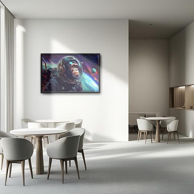 Framed Large Monkey Astronaut Wall Art, Oversized Chimpanzee Spacemen Wall Decor for Living Room, Outer Space Canvas Painting Pictures Modern Artwork for Living Room Bedroom Office 36"x24"-PawvioPets