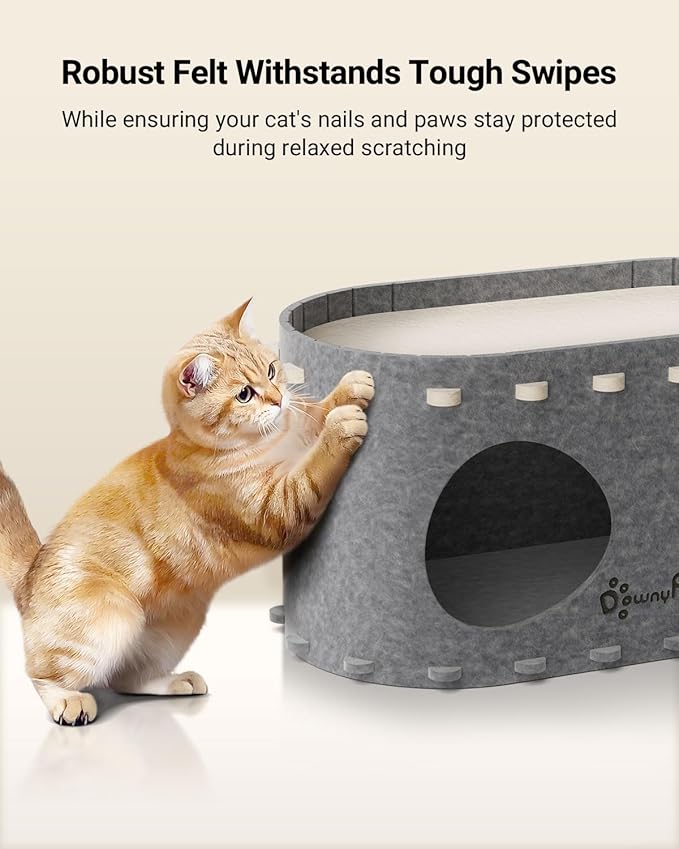 DownyPaws Cat House for Indoor Cats, Cat Bed Cave for Multiple & Large Cats Up to 22 Lbs, Scratch Resistant, Foldable Peekaboo Kitten Caves Tunnel Enclosed Bed, PeekaPurr, Light Gray-PawvioPets