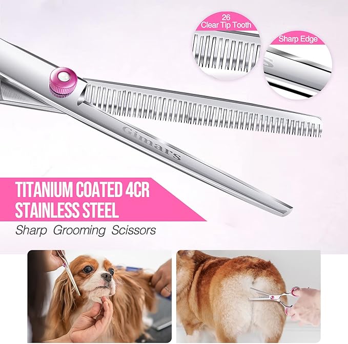 Gimars Dog Grooming Scissors Kit Professional 4CR with Safety Round Tip, 5 in 1 Heavy Duty Titanium Coated Thinning & Curved & Straight Shears-PawvioPets