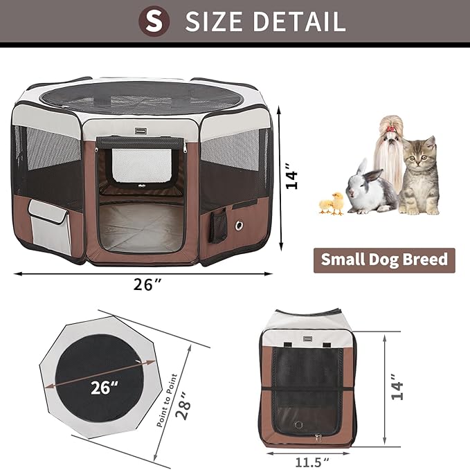 DONORO Dog Playpen Portable Pet Play Pens for Small Dog/Cat/Rabbit/Chicks, Cat Playpen Indoor/Outdoor with Carring Case, Removable Zipper Top and Bottom (Brown, Small (28"x28"x14"), 8)-PawvioPets