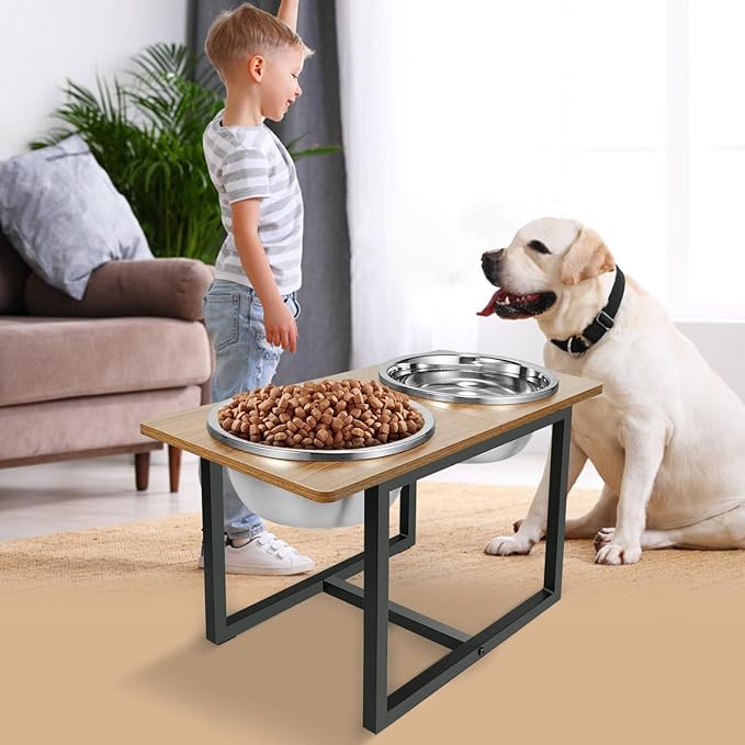 Elevated Dog Bowls for Large Dogs, Raised Dog Bowl Stand with Two X-Large Stainless Steel Bowls for Dogs, 3.5L Capacity, Rustic Walnut-PawvioPets