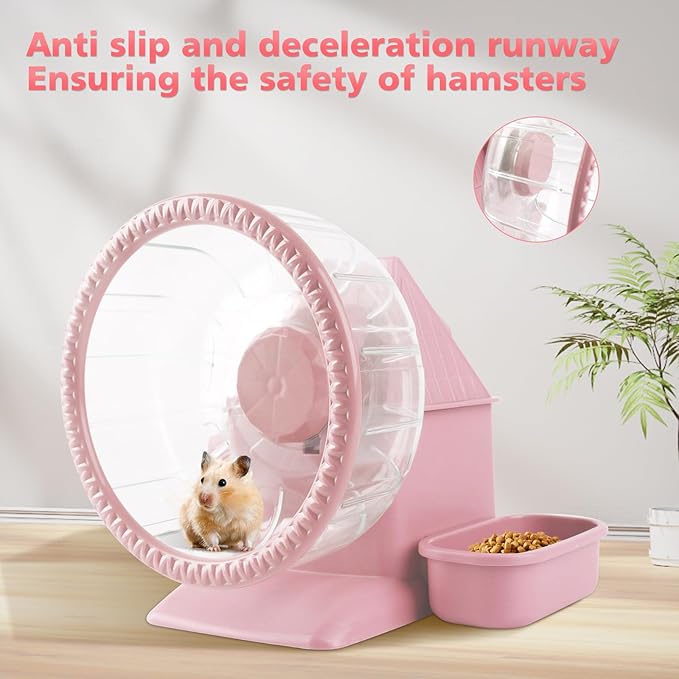 4 in 1 Silent Large Hamster Wheel Multifunctional Hamster Running Wheel Quite Running Spinner Wheel Accessories with Food Bowl Water Bottle for Hamsters Dwarf Gerbil (Pink)-PawvioPets