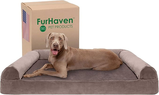 Furhaven Cooling Gel Dog Bed for Large Dogs w/ Removable Bolsters & Washable Cover, For Dogs Up to 125 lbs - Faux Fur & Velvet Sofa - Driftwood Brown, Jumbo Plus/XXL-PawvioPets