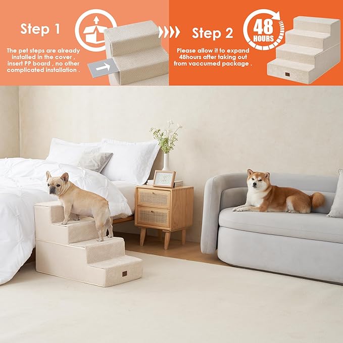 EHEYCIGA Dog Stairs for Bed 20" H, 4-Step Extra Wide Dog Steps for High Bed, Pet Steps for Small Dogs and Cats, Non-Slip Balanced Pet Ramp Indoor, Beige-PawvioPets