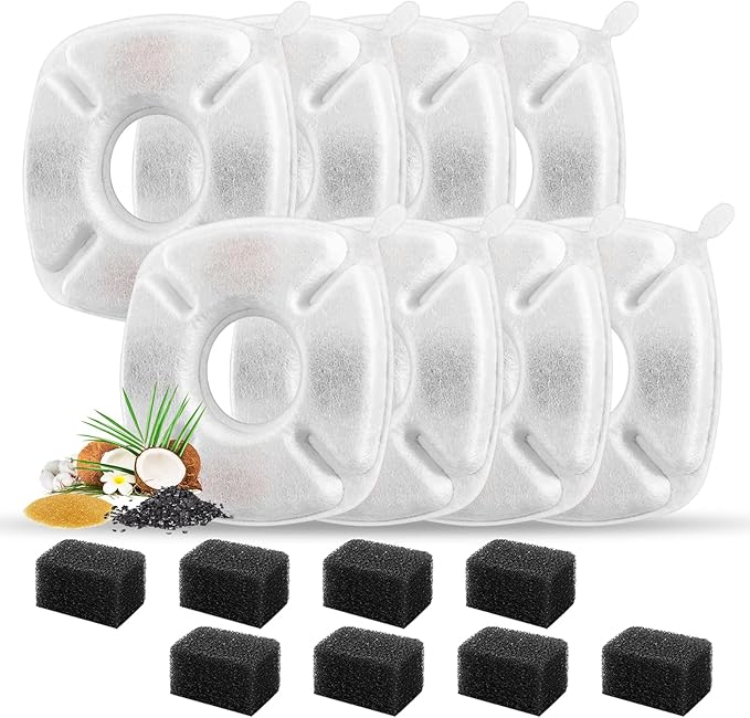 16 Pcs Cat Fountain Replacement Filters 8 Pack Cat Water Fountain Replacement Filters with 8 Pack Pre-Filter Sponges, Pet Fountain Filter Fit for 95oz/2.8L Automatic Pet Fountain Cat Water Fountain-PawvioPets