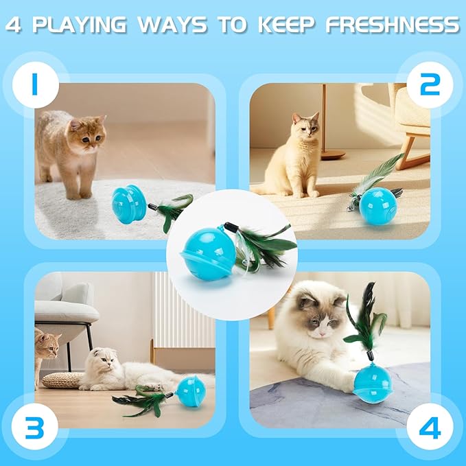 Cat Feather Toy Ball Automatic Moving Interactive Cat Toys for Indoor Cats, Self Rolling Electric Smart Tumbler Ball with Colorful Light and Big Feather Chasing Game (Blue)-PawvioPets