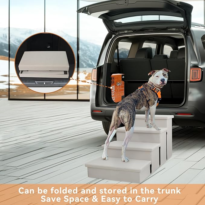Dog Stairs with Condo 23" H, 4-Step Wider Folding Storage Pet Stairs Gift for Small/Medium/Large Old Dogs Cats, Dog Steps for High Beds Window, Ramp for Climbing Car Up to 200 lbs, Beige-PawvioPets