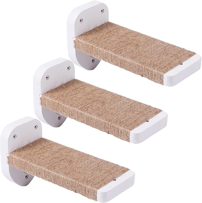 3pcs Wall Mounted Cat Steps, Climbing Furniture, Shelves With Hemp Rope Covered, Solid Wood Ladder for Playing and Climbing (Standard-White)-PawvioPets