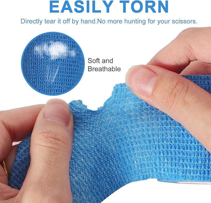 24 Pack Self Adherent Cohesive Wrap Bandages, 2” x 5 Yards Blue Athletic Tape, Medical Tape, Vet Wrap, Elastic Grip Tape for Sports Wrist Ankle Pet Ankle Swelling Sprains-PawvioPets