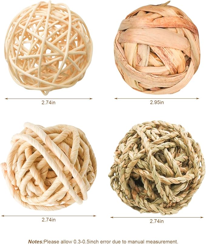 8 Pcs Small Animals Play Balls Rolling Activity Chew Toys Gnawing Treats for Rabbits Guinea Pigs Chinchilla Bunny Natural Balls, Pet Cage Entertainment Accessories (8Pcs)-PawvioPets