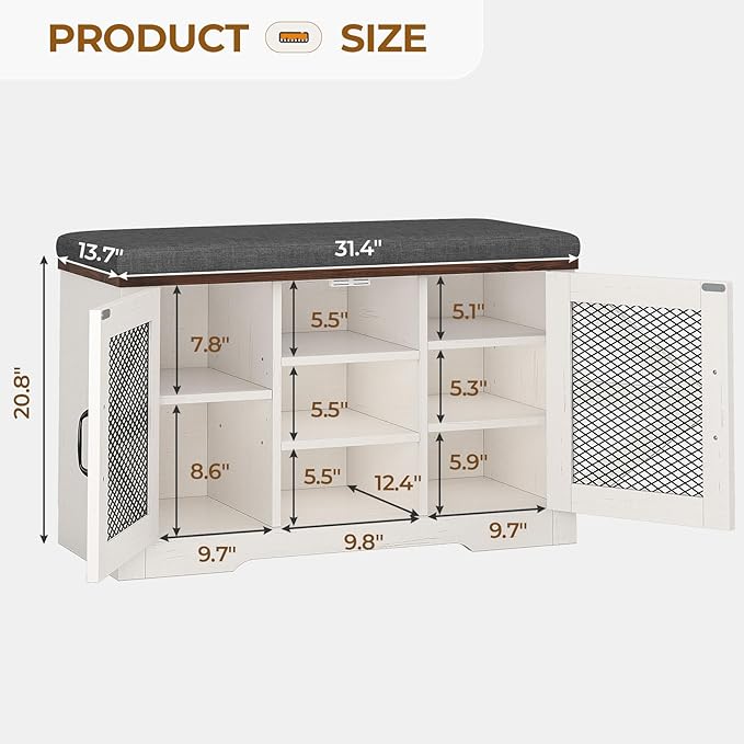 Farmhouse Storage Bench with Cushion, Metal and Wood Shoe Rack Organizer, Adjustable Shelf, Shoe Cabinet with Half Hidden Storage Space, for Entryway, Bedroom, Living Room (Old White, 31.4in)-PawvioPets