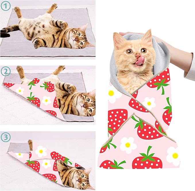 2 Pack Cat Grooming Wrap, L(Within 15lbs) Cat Restraint Wrap for Nail Clipping, Ear Cleaning, and Teeth Brushing, Self-Adherent, Anti-Bite, Anti-Scratch, Pink Strawberry-PawvioPets