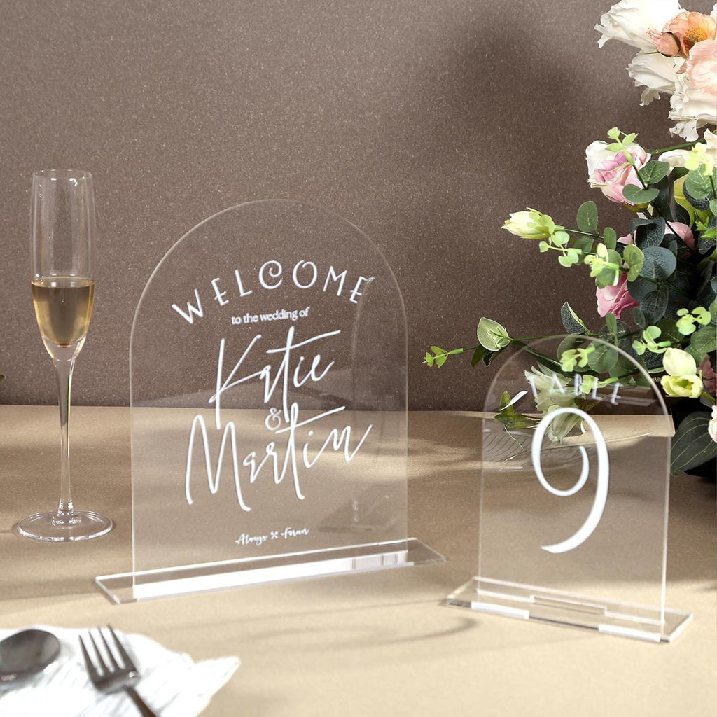 UNIQOOO 10 Pack Acrylic 8x10 Clear Arch Table Sign for Wedding with Holders, 1/8 in Thick, DIY Blank Arch Sign Sheet Perfect for Decoration, Party,Anniversary, Event, Stand Included