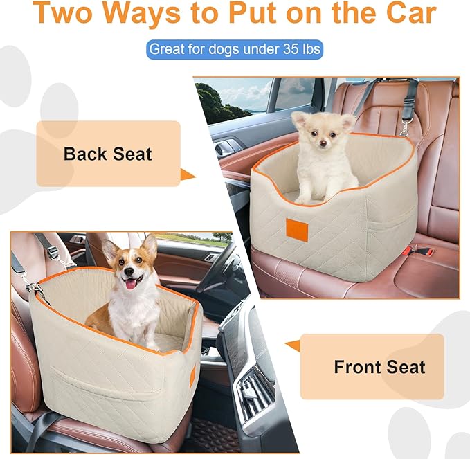 Dog Car Seat for Small Dogs, Memory Foam Booster Dog Seat for Dogs up to 35 lbs, Elevated Pet Car Seat, Travel Safety Pet Seat with Washable Removable Cover, Storage Pockets (Beige)-PawvioPets