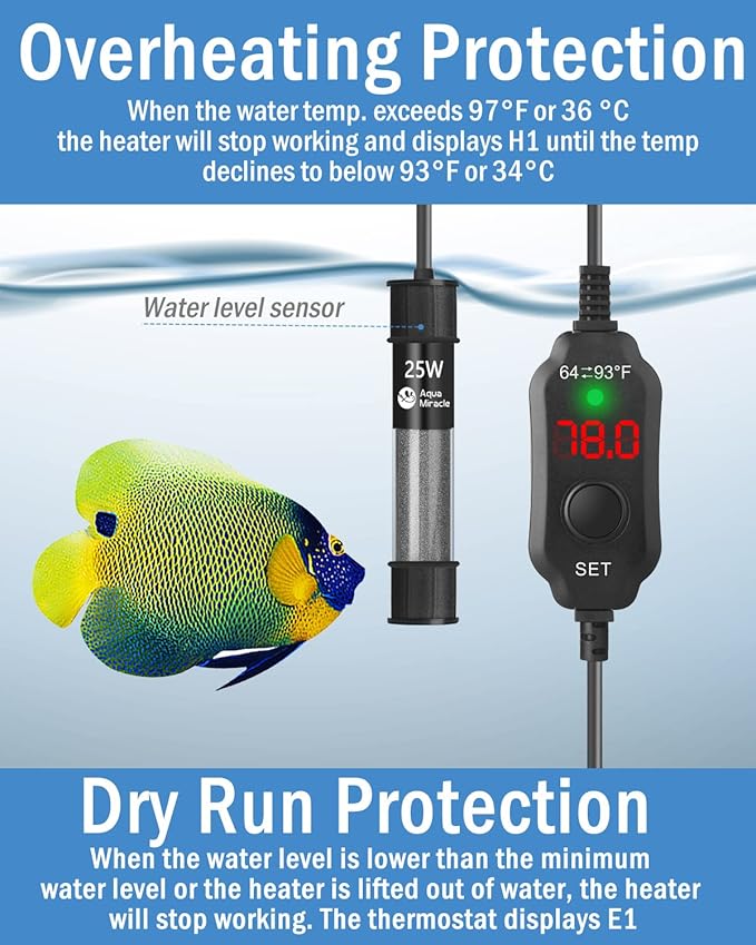 AquaMiracle Adjustable 25W Aquarium Heater Submersible Fish Tank Heater Super Short Aquarium Heater with LED Digital Display Thermostat, for Tanks 3-5 Gallons-PawvioPets