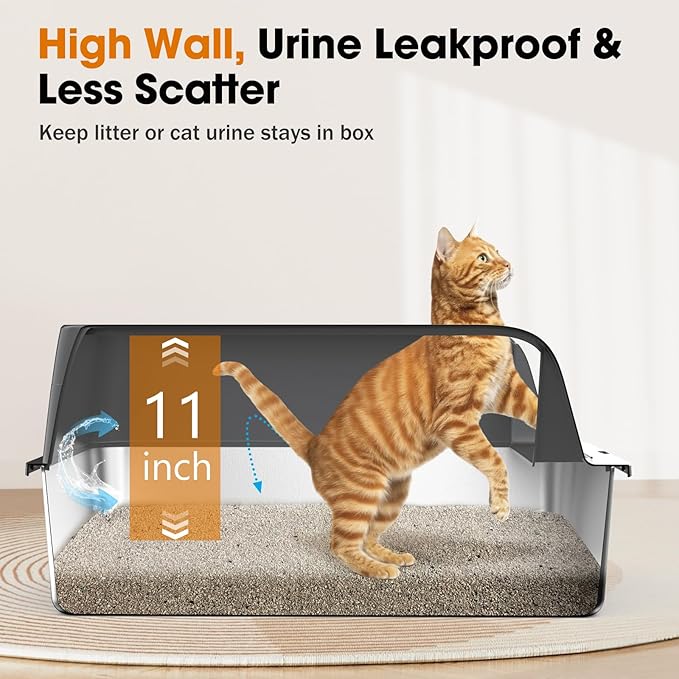 2PACK Stainless Steel Litter Box, Extra Large Litter Boxes for Big Cats, XL Metal Cat Litter Box with Lid High Sides, Anti-Urine Leakage, Non-Sticky, Scoop Included-PawvioPets