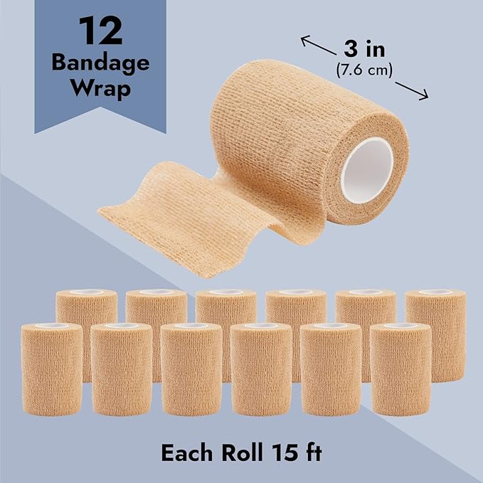 12-Rolls Self Adherent Bandage Wrap, Vet Tape - 3 in x 5 Yds Breathable, Elastic Cohesive Wrap Tape for Wrist, Swelling, Sports, Tattoo (Tan)-PawvioPets