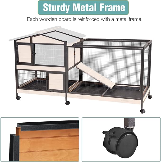 2-Story Rabbit Cage with Chew-Proof Metal Frame for Indoor/Outdoor - 62" Bunny Hutch Guinea Pig Cages with 6 Locking Wheels & 2 Removable Trays for Rabbits/Guinea Pigs-PawvioPets