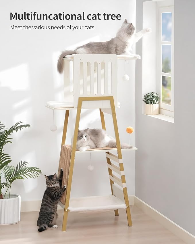 FourFurPets Modern Cat Tree, 58-Inch Cat Tower for Large Cats, Maine Coon Cat Tree with Scratching Board, Large Perch, Hammock and Removable Pads, White-PawvioPets