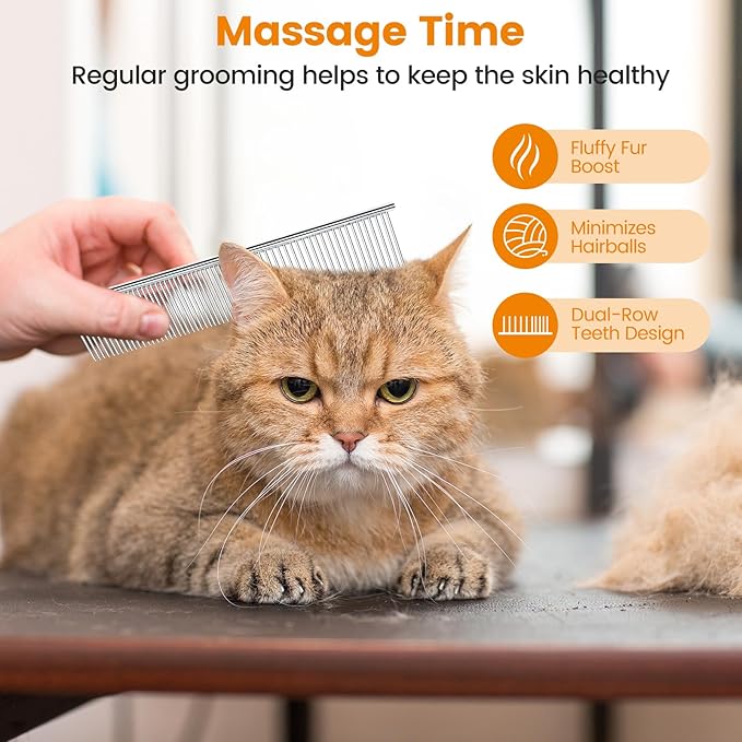 2Pcs Stainless Steel Dog Comb, Round Tooth Cat Comb with 2 Tooth Widths, Metal Combs for Removing Knots and Tangles, Grooming Tool for Long and Short Hair Pets, 7.5 IN Silver-PawvioPets