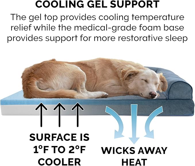 Furhaven Cooling Gel Dog Bed for Large Dogs w/ Removable Bolsters & Washable Cover, For Dogs Up to 125 lbs - Sherpa & Chenille Sofa - Orion Blue, Jumbo Plus/XXL-PawvioPets