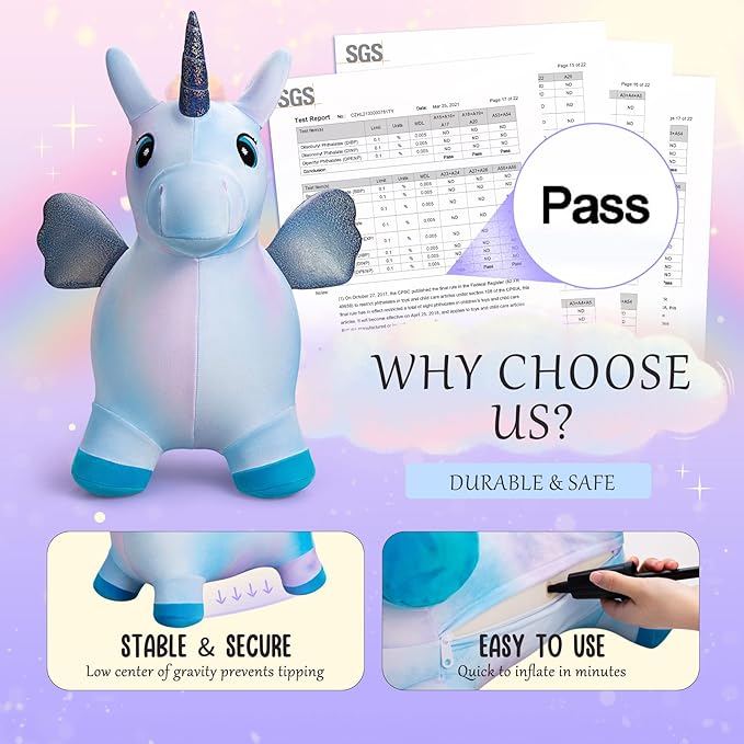 EVERICH TOY Unicorn Bouncy Horses Inflatable Plush Hopping Toy Bouncing Hopper Animals for Toddlers,Outdoor&Indoor Bouncy Animals for Toddlers,Gift for 18 Months 2 3 4 Year Old (W/Pump)-PawvioPets