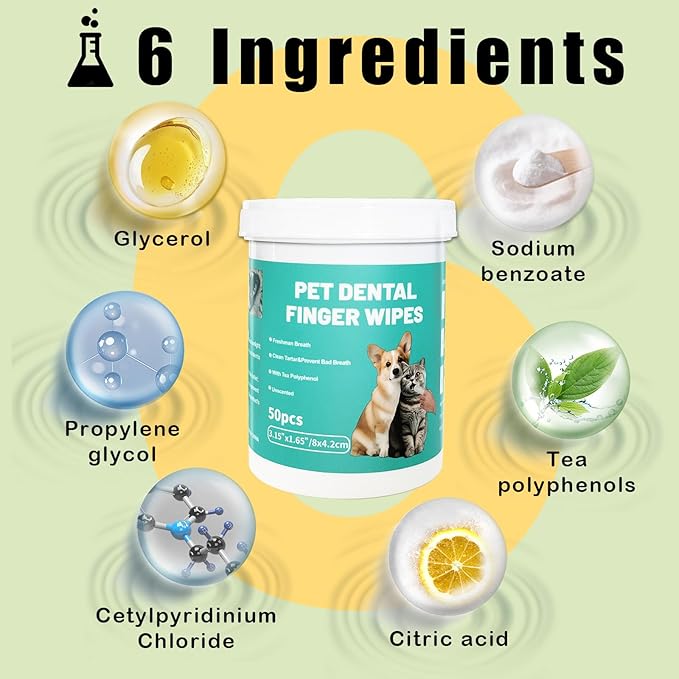 Dog Teeth Dental Finger Wipes for Dogs & Cats No-Rinse Dog Finger Toothbrush Dog Plaque & Tartar Prevention with Brushing Beads Dog Breath Freshene 50pcs-PawvioPets