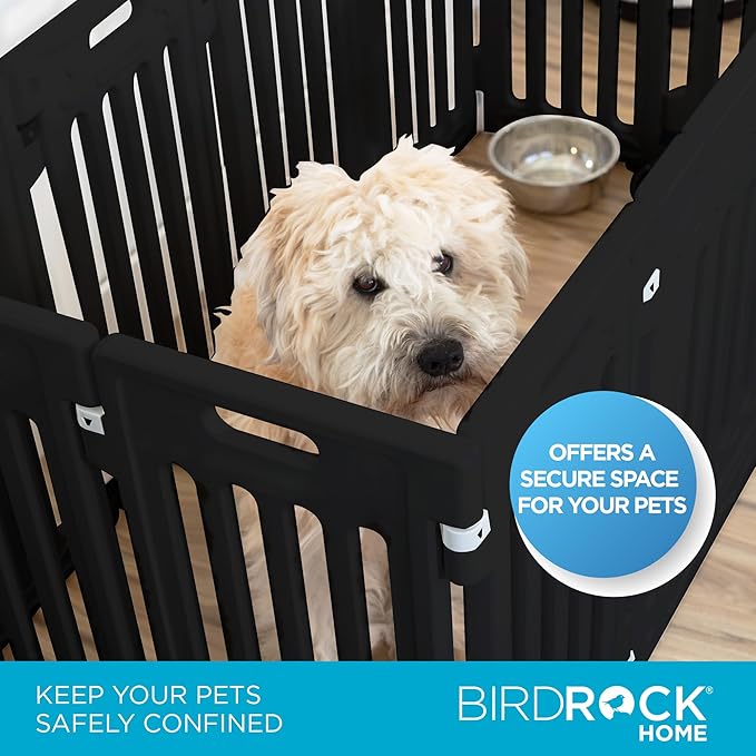BIRDROCK HOME Dog Playpen w/Door, 12 Panel, 25.6in H | Strong Plastic, Non-Slip Puppy Playpen, Secure Pet Gate | Indoor Outdoor Fence | Configurable Panels | Small to Medium Pets - Black-PawvioPets