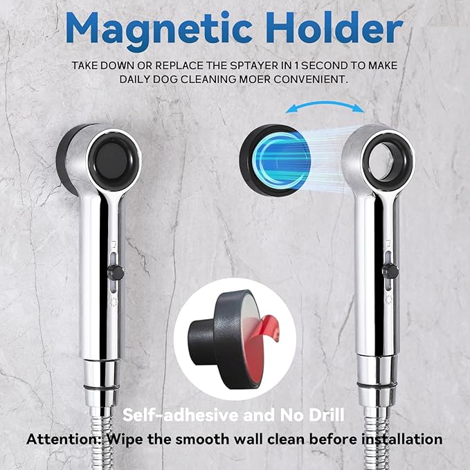 Dog Shower Attachment, 3 Mode Handheld Sprayer with ON/OFF Switch, G1/2" Metal Diverter, 100 Inches Stainless Steel Hose, No Drill Holder, for Pet and Dog Washing in Bathroom-PawvioPets