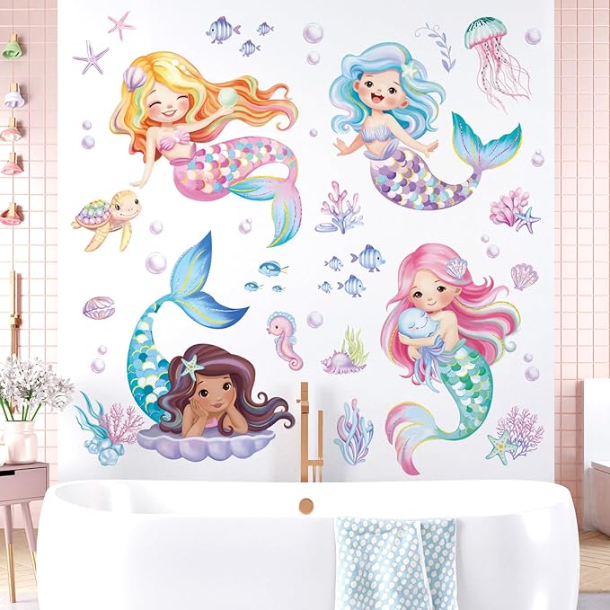 decalmile Under The Sea Mermaid Wall Decals Ocean Fish Starfish Turtle Wall Stickers Baby Nursery Girls Bedroom Bathroom Wall Decor-PawvioPets