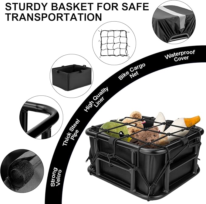 Bike Basket Rear with Liner,Waterproof Cover,Cargo Net Large Rear Bike Basket,Heavy Duty Bicycle Rear Basket for Electric Bike, Ebike,Great for Bike Trip,Carrying Grocery,Ball,Dog-PawvioPets