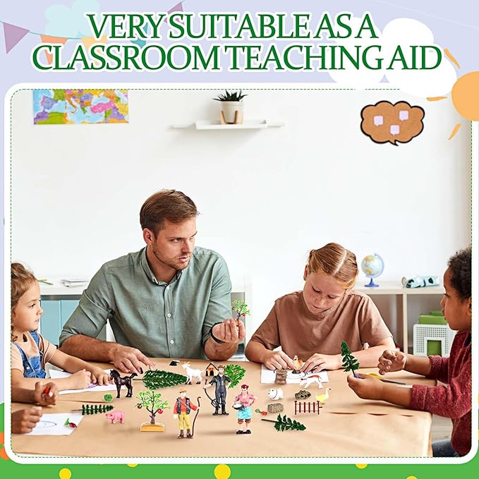 27 Pcs Farm Toys Set, 3 Little Farmer Figurines 9 Plastic Animals Figurines 10 Feed Food Fence Playset 4 Model Trees 1 Moss Mat Animal Farm Toys for Educational School Project Gift-PawvioPets