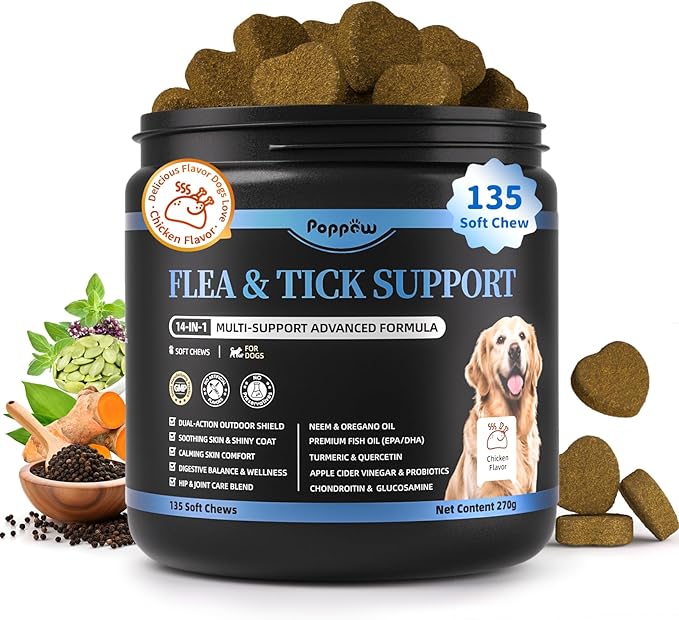 Dog Flea and Tick Support Chewable, Natural Dog Flea Comfort Supplement, Oral Chews with Neem, Oregano Oil, Pumpkin Seed Oil & Brewer's Yeast – 135 Soft Chews, Chicken Flavor – for All Breeds & Sizes-PawvioPets