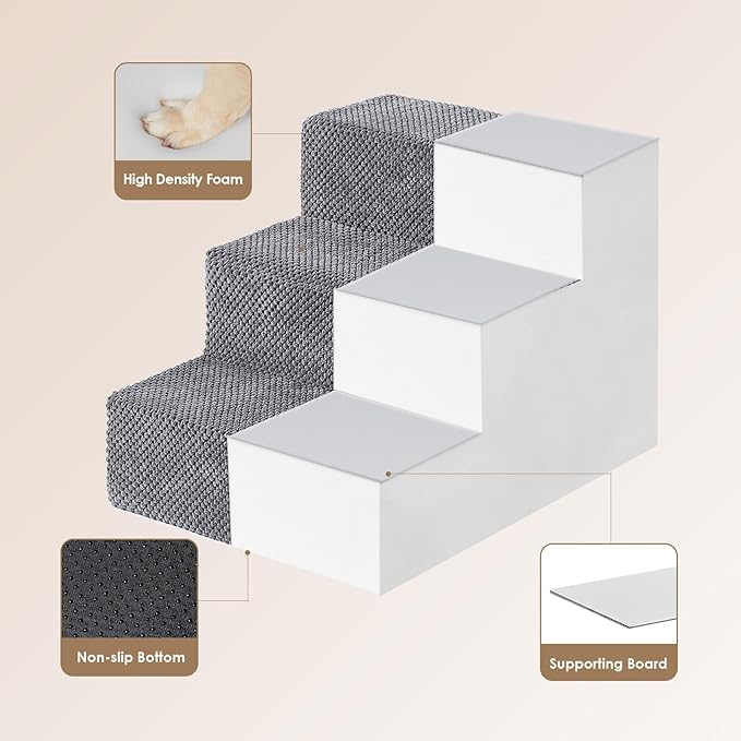 EHEYCIGA Dog Stairs for Small Dogs 13.5" H, 3-Step Dog Steps for Couch Sofa and Chair, Pet Steps for Medium Cats, Non-Slip Balanced Pet Ramp Indoor, Grey-PawvioPets