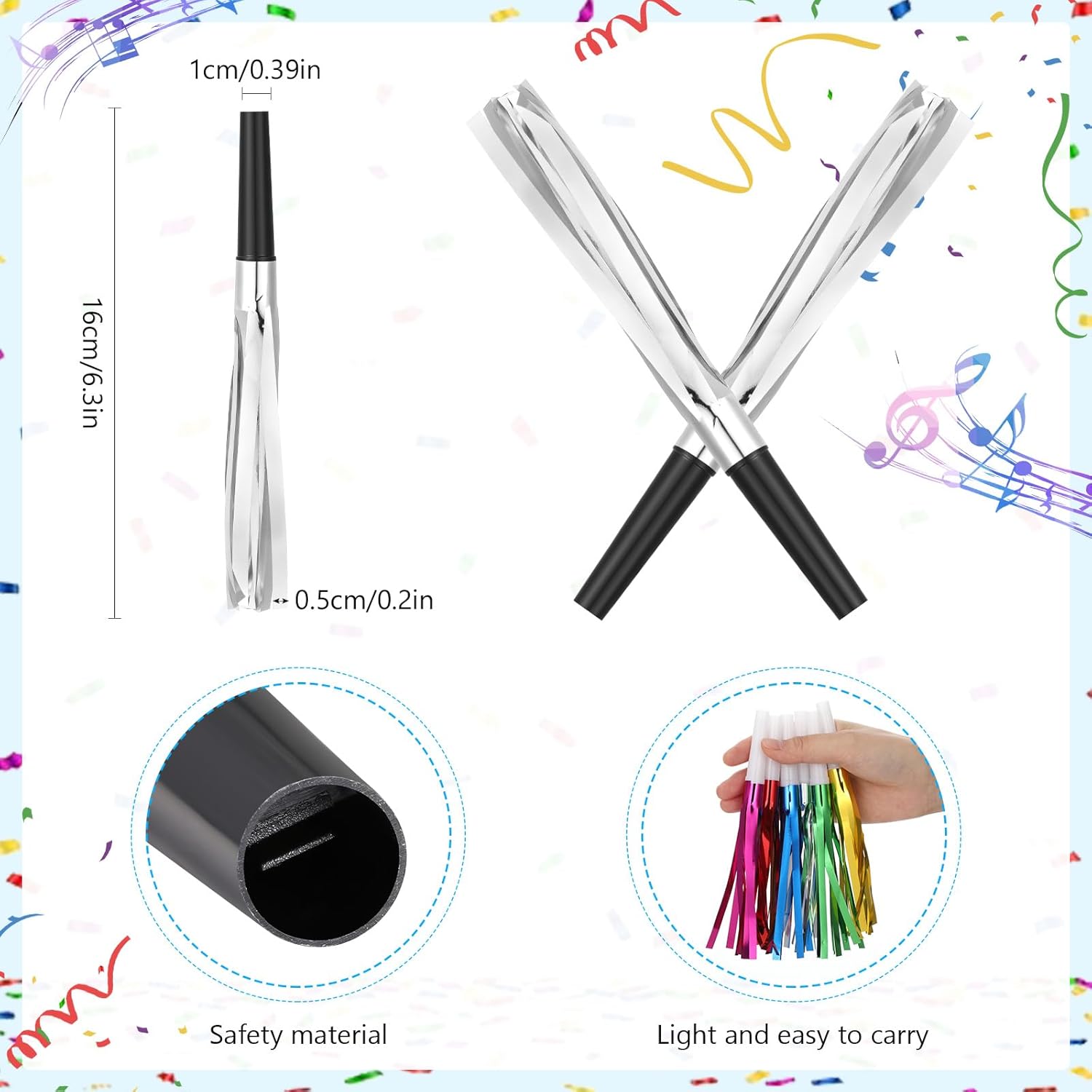 48 Pcs Silver Noise Makers Glitter Metallic Fringed Noise Makers Horns for Baby Shower, Kids Birthday, New Year Party Favor