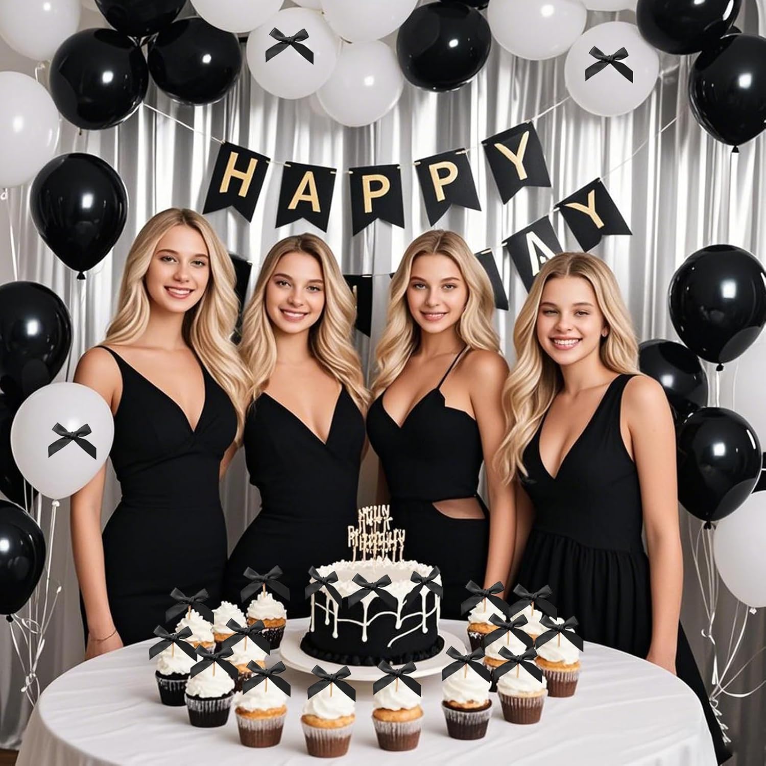 24Pcs Bow Cupcake Toppers - Black Bow Cake Topper Birthday Decorations, Bowknot Cupcake Picks for Coquette Bow Theme Party Decoration Bachelorette Bridal Engagement Wedding Baby Shower Party Decor