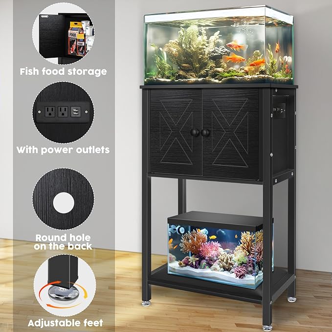 5-10 Gallon Fish Tank Stand, Heavy Duty Aquarium Stand with Cabinet & Power Outlets for Fish Tank Accessories Storage, Double Tank Stand 20.5" L* 11" W Tabletop, 220LBS Capacity Black-PawvioPets