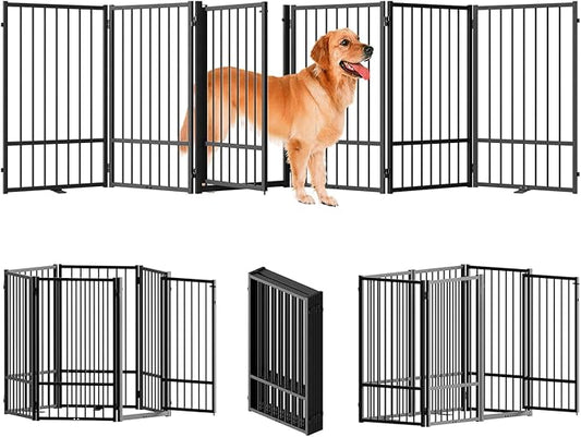 Full Metal Freestanding Dog Gate with Door, 36''Height Foldable Pet Dog Fence for Indoor & Outdoor, 6 Panels Extra Wide Free Standing TallDog Gates for Doorways,House,Stairs,Porch,Deck,Yard-PawvioPets